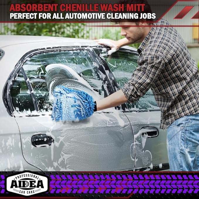 AIDEA Car Wash Mitt Microfiber, 1PK Scratch Free Lint-Free, Premium Chenille Microfiber Sponge Mitt Car Wash Brush, Blue, Regular Size 7.12''X10.14''
