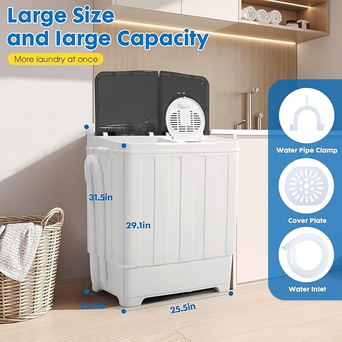 Portable Washing Machine, 28lbs Twin Tub with Drain Pump - 18lbs Washer and 10lbs Spinner Combo, Semi-Automatic Compact Laundry Machine for Apartments, Dorms, RVs, Camping - Grey
