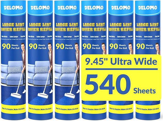 DELOMO Large Lint Roller Refills (6 Pack, 540 Sheets) – Compatible Only with DELOMO 9.45 in Giant Lint Roller – Extra Sticky Floor Lint Roller Refill for Carpets, Beds, Couches, Cars & Pet Hair by DELOMO