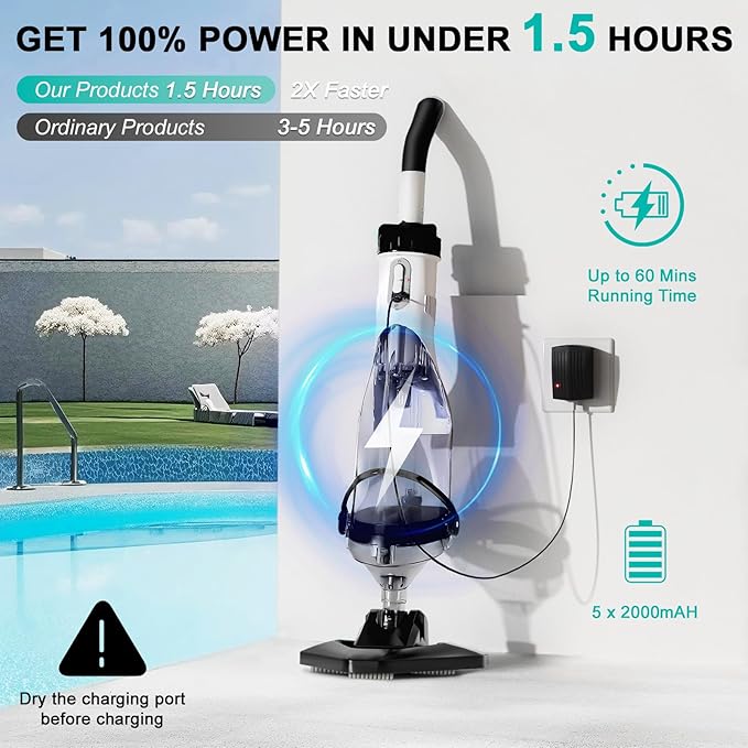 Handheld Spa Hot Tub Vacuum- Cordless Above Ground Pool Cleaner with 60" Extendable Pole, 60 Mins Running Time, 19 Gallons/Min Powerful Suction, Ideal for Cleaning Debris and Sand Underwater