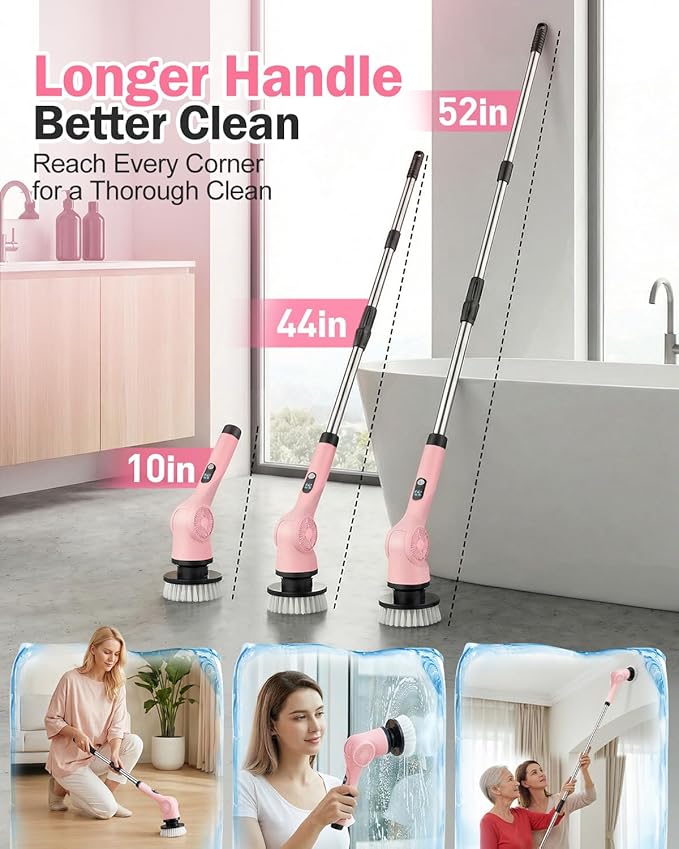 Electric Spin Scrubber, 3-Speed Cordless Shower Scrubber with Long Handle & 10 Replaceable Brush Heads, 90 Mins Runtime & Full-Body IPX7 Waterproof Shower Cleaner Brush for Bathroom Kithchen