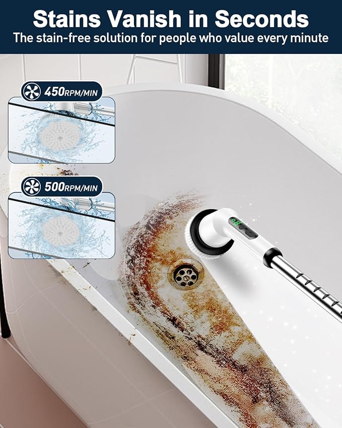 Shower Scrubber with Long Handle for Cleaning Bathroom, Electric Spin Scrubber Cleaning Brush with IPX7 Waterproof & 2Speed, 3Brush Heads, Bathroom Cleaning Supplies for Shower Tub Kitchen Tile Toilet