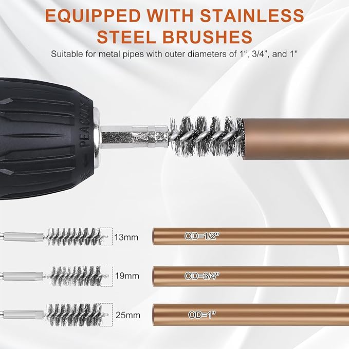 1/2" & 3/4" & 1" Metal Copper Pipe Cleaner for Drill, with 1/4" Hex Shank & 6 Brush Blades & 6 Pipe Cleaning Brushes, Plumbing Tools for Cleaning, Polishing & Removing Rust