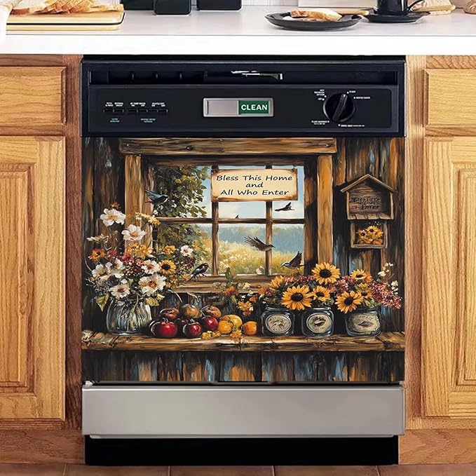 Windowsill Birds and Flowers Dishwasher Magnet Cover, Springtime Reuseable Refrigerator Magnet Cover Retro Wooden Windows Magnetic Dishwasher Decal (23 x 17 Inches)