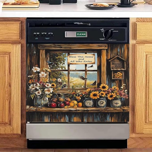 Windowsill Birds and Flowers Dishwasher Magnet Cover, Springtime Reuseable Refrigerator Magnet Cover Retro Wooden Windows Magnetic Dishwasher Decal (23 x 17 Inches)