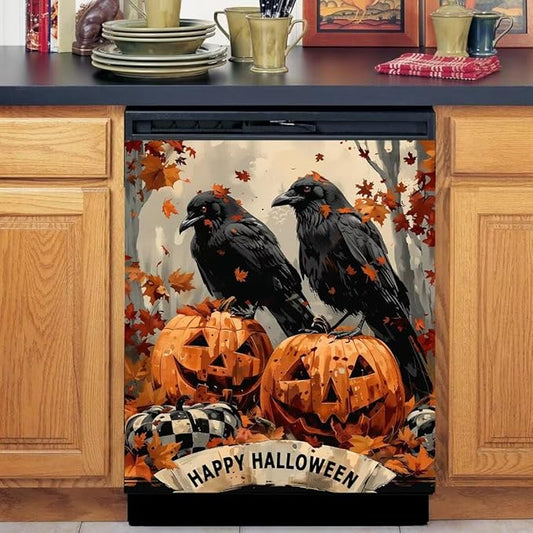 Generic Crow and Pumpkin Maple Leaf Dishwasher Face Cover, Fridge Door Cover, Decorative Stickers, Happy Halloween Pattern, 23x26