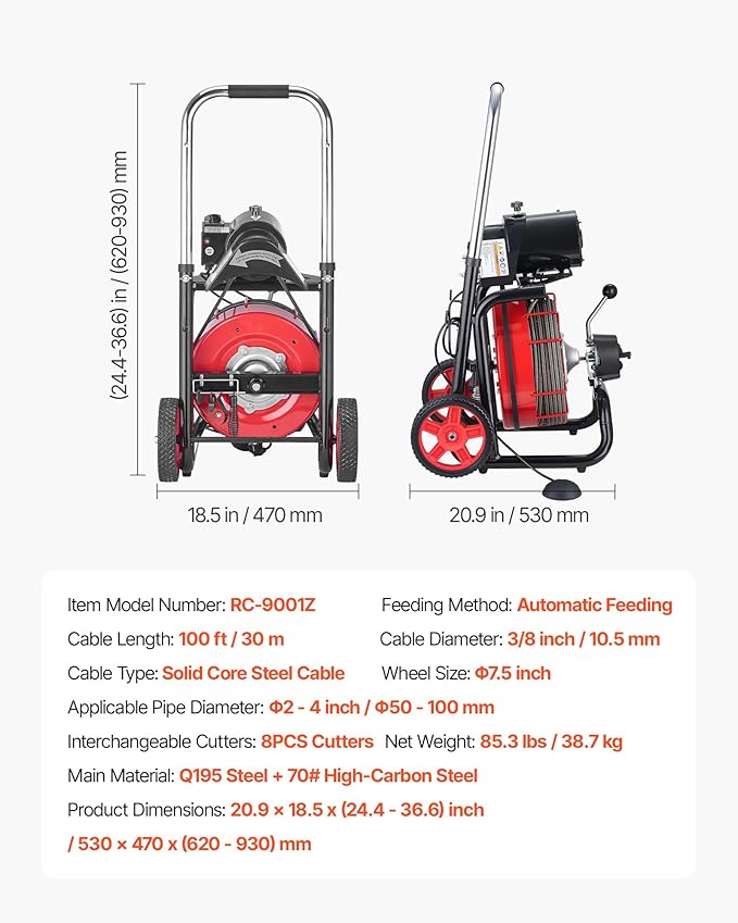 VEVOR Drain Cleaner Machine 100 FT x 3/8 Inch, Auto Feed Sewer Snake Auger on Wheels - with 8 Cutters & Air-Activated Foot Switch for 2" to 4" Pipes