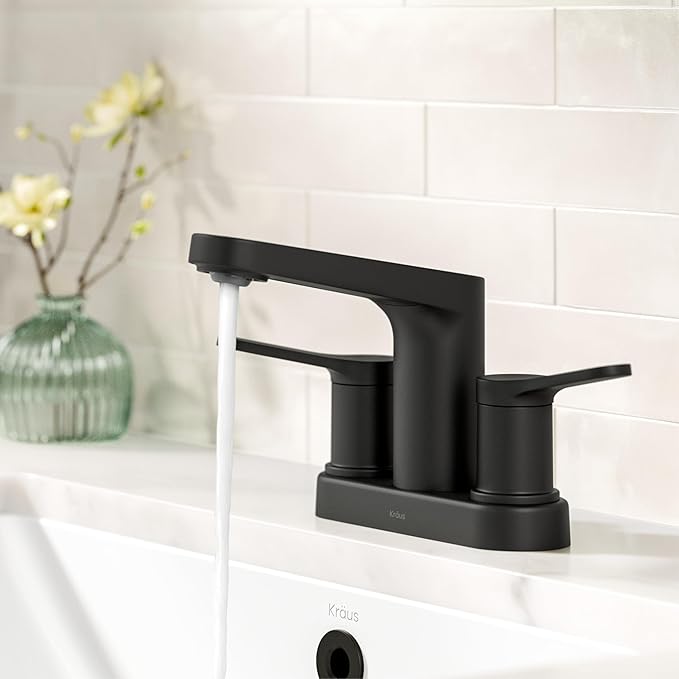 KRAUS Indy Centerset Bathroom Faucet in Matte Black with 2 Handles, Pop Up Drain and Supply Lines, FUS-14102MB