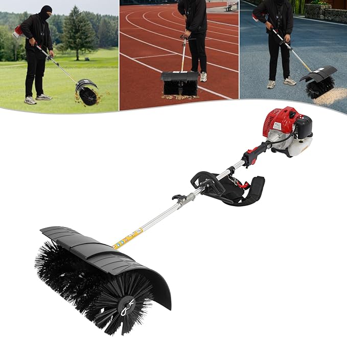 52CC 2 Stroke Gas Handheld Sweeper Broom, 2.3HP Gasoline Power Broom Walk Behind Sweeper Cleaning Driveway Tools, Outdoor Hand Held Gas Power Brooms for Snow Sweeping Driveway Turf Lawns