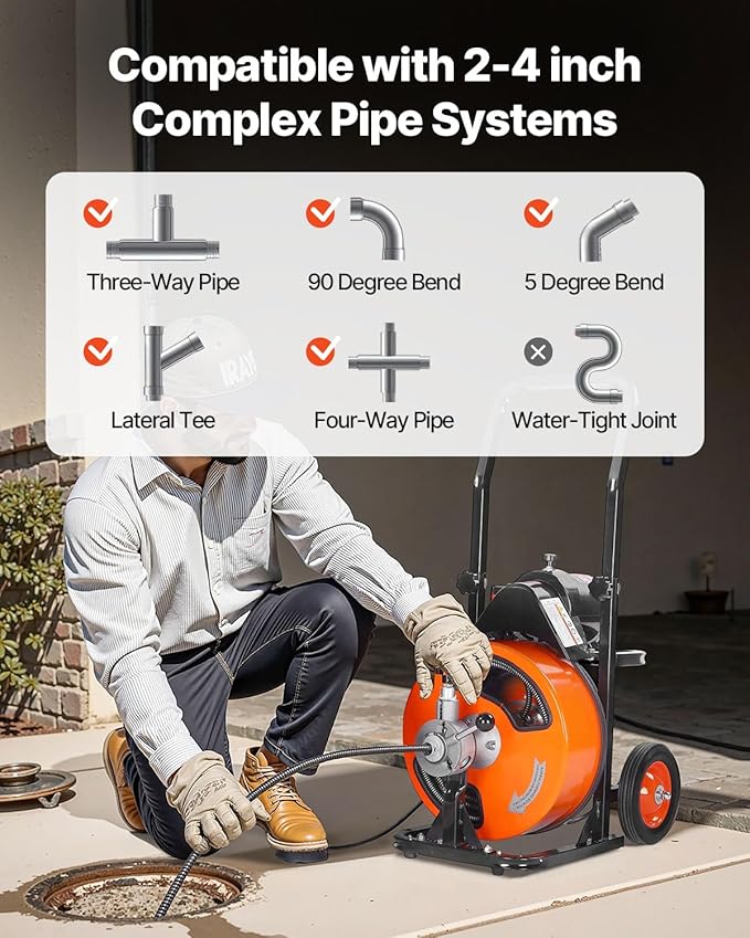 VEVOR Drain Cleaning Machine 50 FT x 1/2 Inch, Sewer Auger Auto Feed with 4 Cutter & Air-activated Foot Switch for 1" to 4" Pipes, Orange, Black