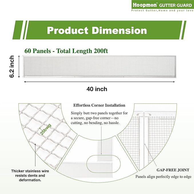 6 Inch Gutter Guard - Heavy Duty 100% Stainless Steel High-Flow Leaf Screen for Debris, Clog & Overflow Protection - Fits K-Style & Half-Round, Screws Included (200 FT, 60 pcs, 6in x 40in)