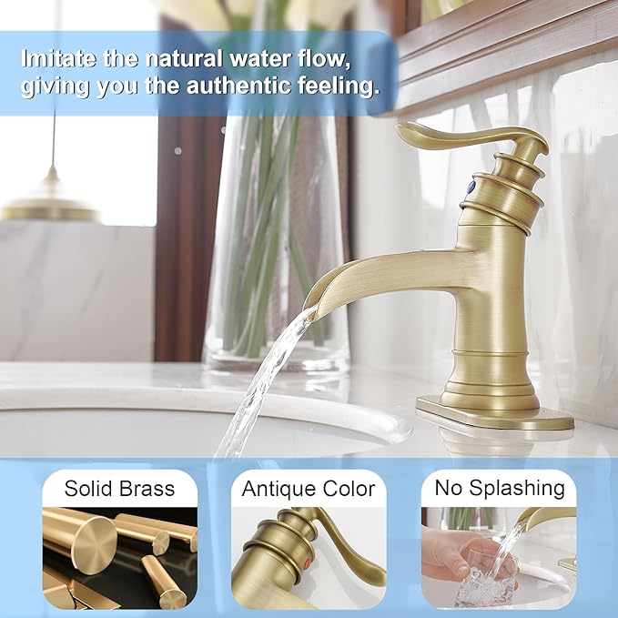 BWE Antique Brass Bathroom Faucet Single Hole Waterfall Bathroom Sink Faucet with Pop Up Drain Assembly and Supply Hose Rustic Lavatory Vanity Sink Faucet Mixer Tap