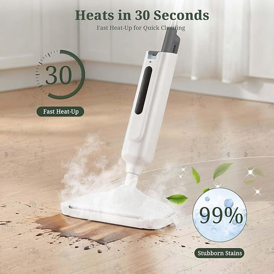 Steam Mop for Floor Cleaning, Lightweight Floor Steamer for Hardwood, Tile, Laminate & Carpet, Quick-Heat Steam Cleaner with Visible Water Tank and 2 Washable Pads, White and Grey