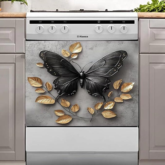 Black Butterfly Gold Leaf Dishwasher Magnet Cover Metalized Pattern Front Dishwasher Cover Magnetic Home Appliances Doors Panel Magnets Decals Kitchen Decorative 23" x 17"(Magnetic)