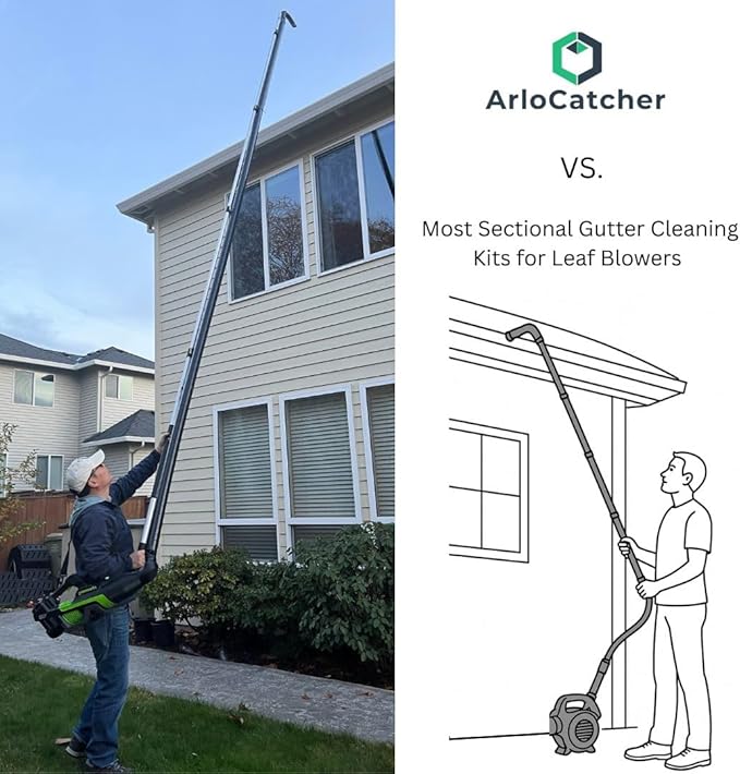 ArloCatcher 30-Foot Gutter Cleaning Kit for RYOBI Leaf Blower 40V 800 CFM RY40HPLB01 Leaf Blower– Two-Story Gutter Cleaning Tools from Ground, Ladder Free, Extension Pole Not Included