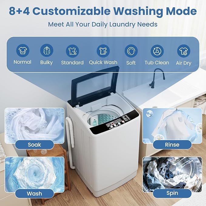 VCJ Portable Washing Machine, 35 LBS Large Capacity Full-Automatic Portable Washer with 12 Wash Cycles, 8 Water Levels & 24H Delay, Compact Electric Laundry Washer for Apartment, Dorms,RVs