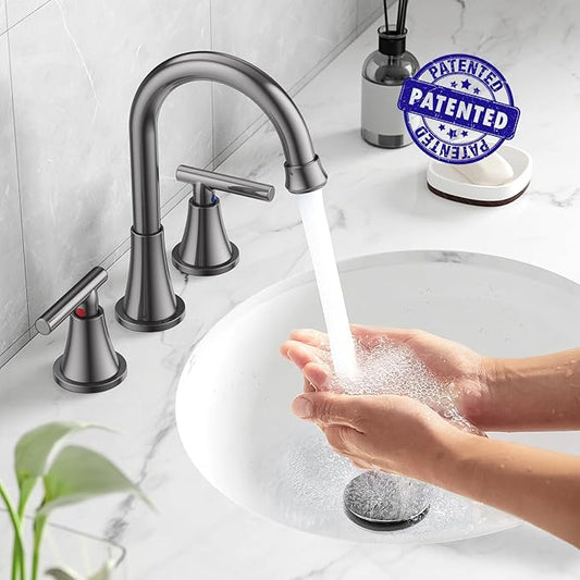 Bathroom Faucets for Sink 3 Hole, Hurran 8 inch Widespread Brushed Grey Bathroom Sink Faucet with Pop-up Drain and Supply Hose, Stainless Steel Lead-Free Faucet for Vessel Sink Vanity RV