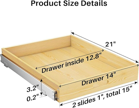 Pull Out Cabinet Organizer, Soft Close Wooden Slide Out Drawers for Pots and Pans, Full-extension Roll Out Shelves for Kitchen Cabinets, Pantry Organization, Bottom & Side Mount(15"W X 21"D x 3.4''H)