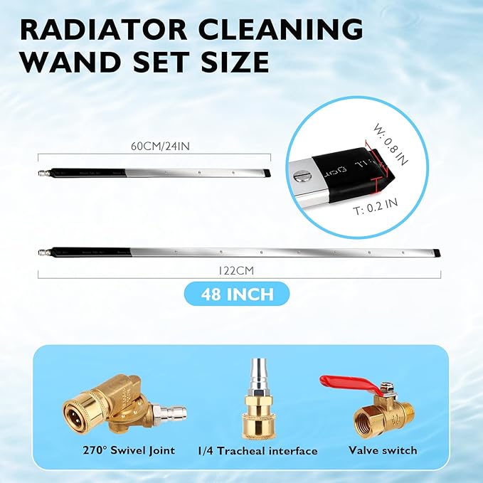 48" and 24" Radiator Cleaning Wand Set, 8 Nozzle Tips Pressure Washer Wand with Adapter Set, Water Air Cleaning Wands for Cars, Trucks, Trailers, Heavy Machinery