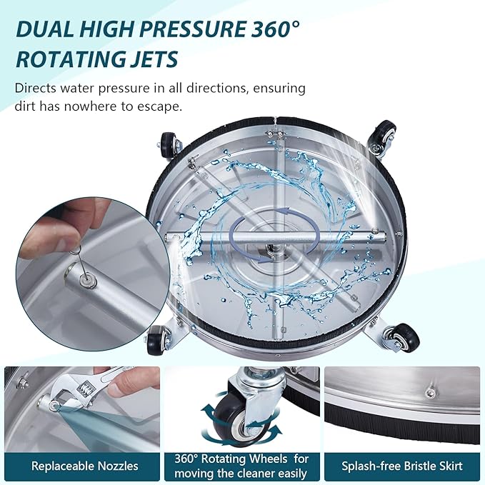 Towallmark 24" Pressure Washer Surface Cleaner with Dual Handle, 4 Wheels, 3/8" Quick Connect, 2 Replacement Nozzles, Stainless Steel Power Washer Surface Cleaner for Driveway Sidewalk Patio 4000 PSI