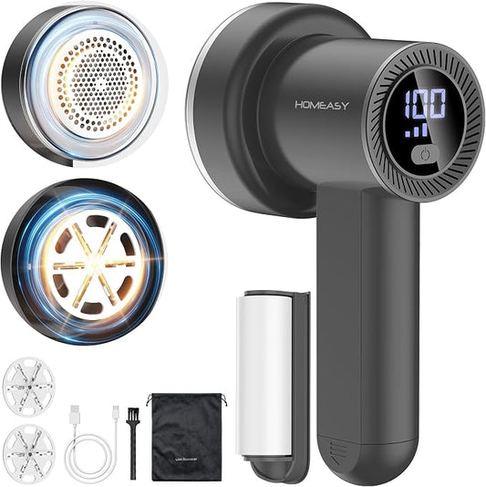 HOMEASY Fabric Shaver, Rechargeable Lint Remover for Clothes Grey | Electric sweater shaver and depiller with 70mm head, 6-leaf blades, LED battery display and Type-C charging for Furniture by HOMEASY