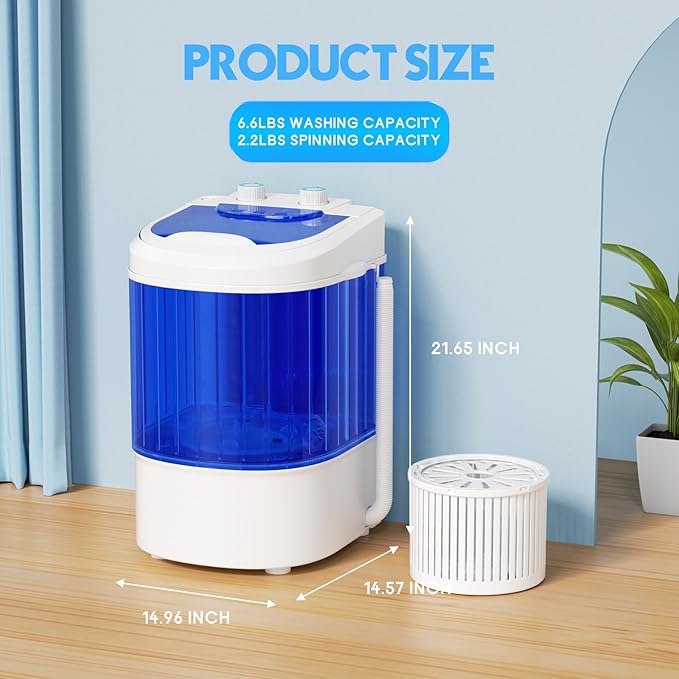 INTERGREAT Portable Washing Machine, 6.6 Lbs Compact Mini Portable Washer, Single Tub Semi-Automatic Laundry Washer Machine for Apartments, Dorms, RV, Traveling, Blue
