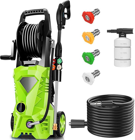 commowner𝐏𝐨𝐰𝐞𝐫 𝐖𝐚𝐬𝐡𝐞𝐫 𝟓𝟎𝟎𝟎𝐏𝐒𝐈 Portable with 33FT Pipe, 4 Nozzle Set for Home/Cars/Fences/Windows, Green