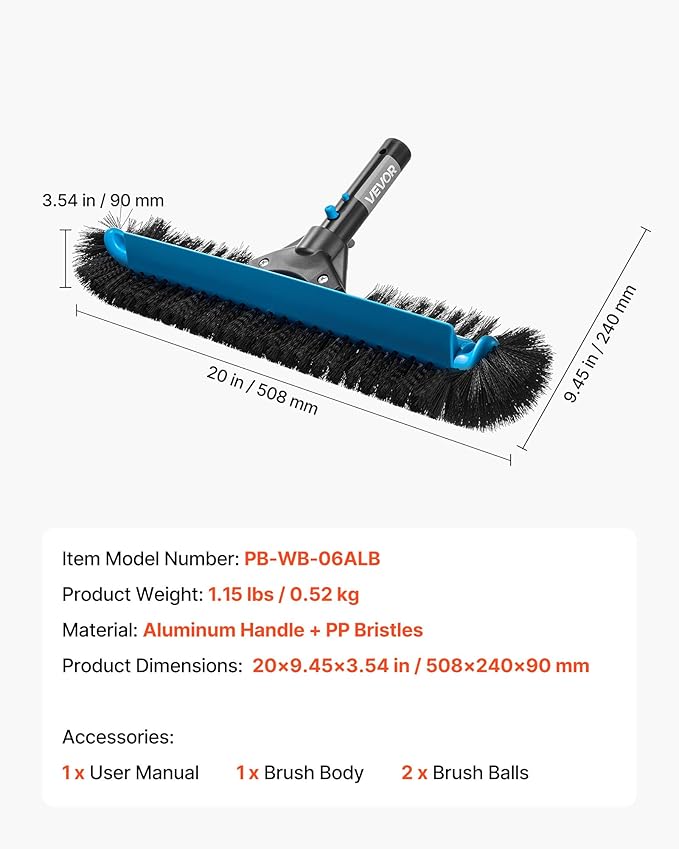 VEVOR Pool Brush Head, 20 Inch Scrub Brushes with Nylon Bristles and Aluminum Pole Connector, Heavy Duty Curved Brush Head for Cleaning Inground/Above Ground Swimming Pool Walls, Pole Not Included