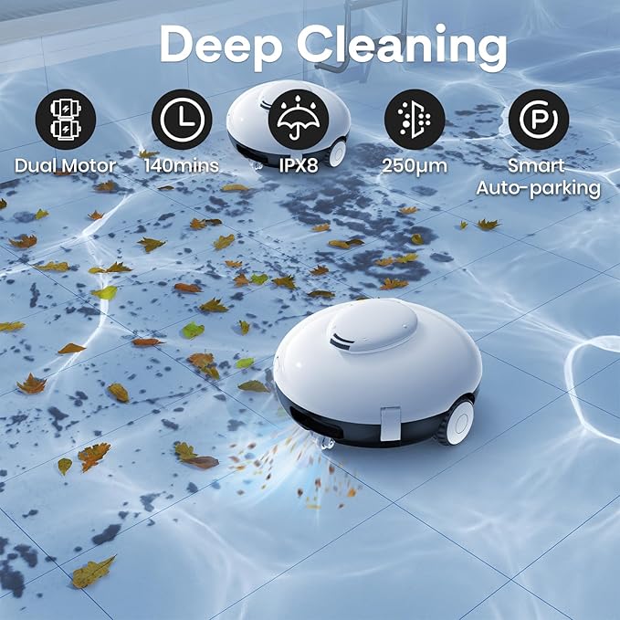 Cordless Robotic Pool Vacuum, 90 Mins Runtime Pool Cleaner with Double Filters, Lightweight, Powerful Brushless Motors for Above Ground Flat Pools up to 860 Sq.Ft (Black)