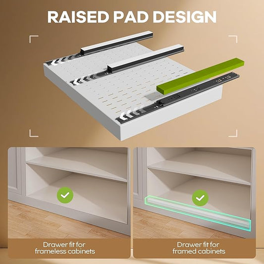 2 Pack Pull out Cabinet Organizer 21" Deep With Raising Pad for Framed Cabinets,Expandable (15.2"-26.3"W) Slide out Drawers for Kitchen Cabinets with 4pcs Divider Racks,Roll out Shelves,White