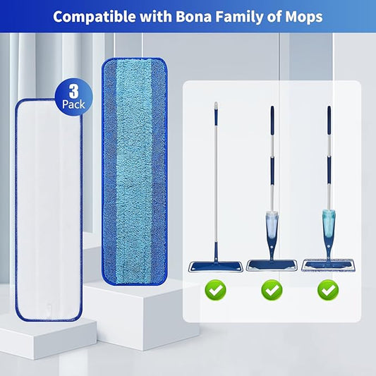 3 Pack Microfiber Cleaning Pads for Bona Family of Mops,Washable & Reusable Mop Pads Refill Replacement Safe for Hardwood and Multi-Surfac Floors Have Super-Absorbent