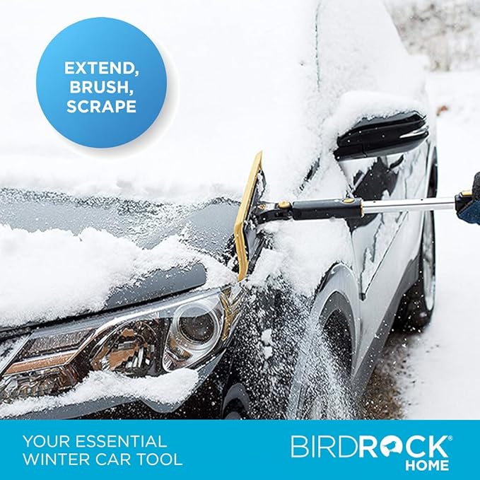 BIRDROCK HOME 55" Extendable Snow Brush with 14" Foam Head & Detachable Scraper | Aluminum Grip for Car, Truck, SUV | Safe on Auto Windshield & Windows | Wide Frost Remover - Yellow