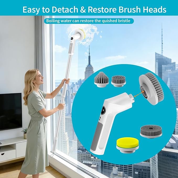 Electric Spin Scrubber, Cordless 20W High-Torque IPX7 Waterproof Cleaning Brush with LED Battery Display, 2-Speed &6 Replaceable Heads & Extendable Long Handle