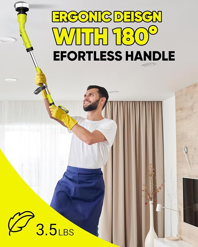 Electric Spin Scrubber with 3+ Hour Long Lasting Battery, 1000W/1200RPM High Power Cordless Clean Brush with 50IN Adjustable Long Handle, 4 Replacement Head for Bath/Tub/Tile/Floor, RyobiGreen