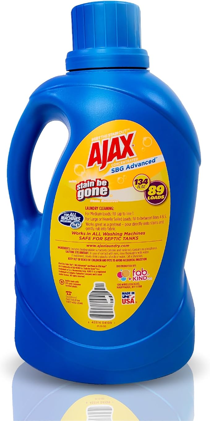 Ajax SBG Advanced Laundry Detergent, Linen & Lemon Scent, 134oz (Pack of 4) – Totally Awesome Stain & Odor Remover, HE Compatible, Concentrated Liquid, 356 Loads, Color-Safe, Long-Lasting Freshness