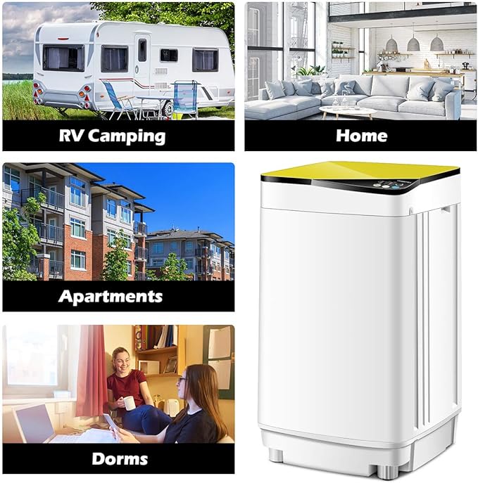 Giantex Full-Automatic Washing Machine Portable Washer and Spin Dryer 7.7lbs Capacity Compact Laundry Washer with Built-in Barrel Light Drain Pump and Long Hose for Apartments Camping (White & Yellow)