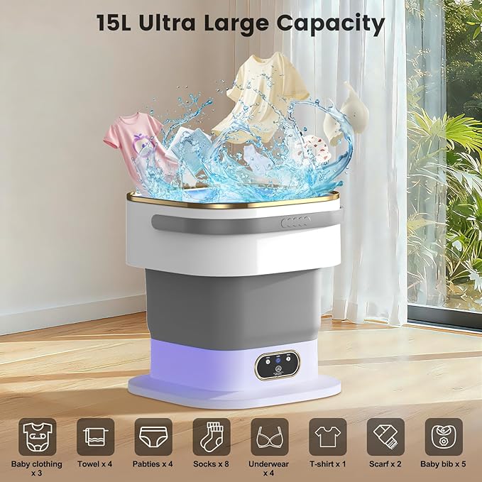 Portable Washing Machine, 15L Mini Washing Machine with Spin Basket & 3 Cleaning Modes for Small Clothes,Foldable Mini Washer for Apartments, Dorms, Camping (Gray)
