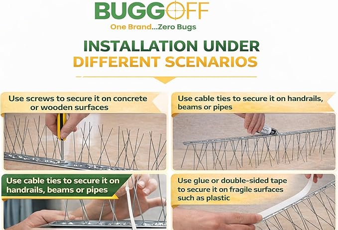 BUGGOFF Bird and Rodent Spikes, 4.5" Tall 10" Long Stainless Steel Anti-Bird Deterrent Strips, Silver, Professional Pest Control for Roofs, Fences, Ledges (40 Pieces / 33 Feet)