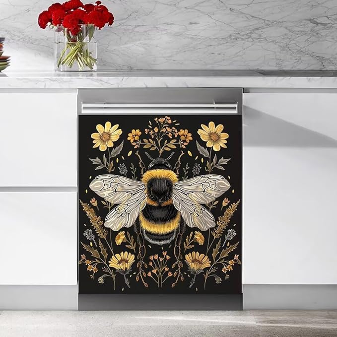 Flower and Bee Wallpaper Dishwasher Magnet Cover Sticekr - Kitchen Decorative Fridge Panel Decal - Kitchen Appliances Decorate Sticker - 23W x 26H inchs