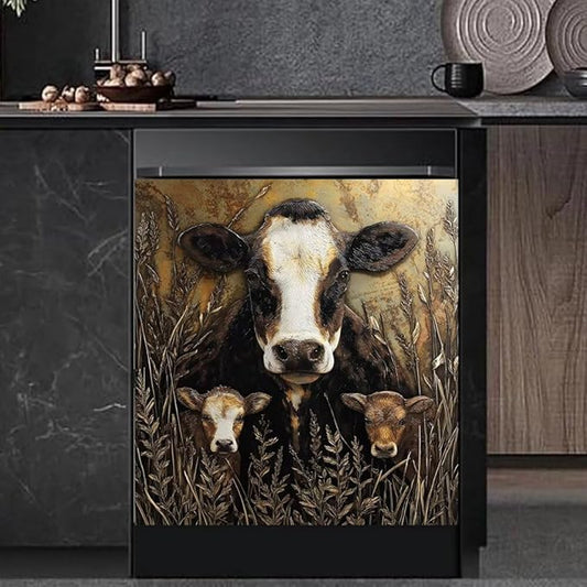 Rustic Farmhouse Cow Kitchen Decor Dishwasher Magnet Cover Decal, Wheat Field Magnetic Dish Washer Panel Door Vinyl Sticker, Refrigerator Magnets,Easy to Clean, 23 x 26 inch