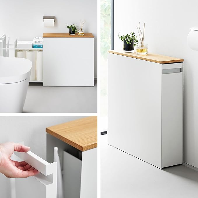 Yamazaki Home Pull-Out Bathroom Storage Cabinet – Slim Bathroom Storage Cabinet with Wood Top, Steel Organizer for Toilet Paper and Cleaning Supplies, Modern Space-Saving Design, White - Steel + Wood