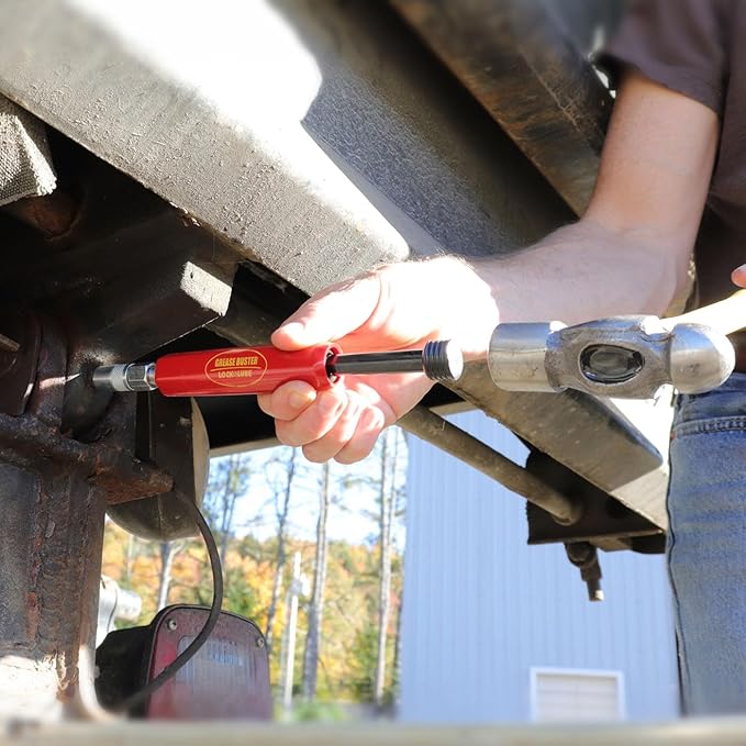 Grease Buster® - The Original, Made in The USA by LockNLube! Cleans and flushes Out Old Dried Grease from Fittings, pins, shafts, bushings, and Joints. Uses penetrating Fluid and Hydraulic Pressure.