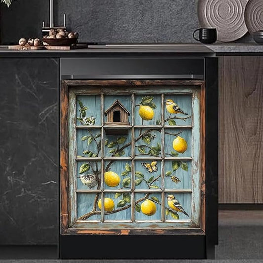 Rustic Kitchen Decor Dishwasher Magnet Cover Decal, Lemon Bird Birdhouse, Magnetic Dish Washer Panel Door Vinyl Sticker, Refrigerator Magnets,Easy to Clean, 23 x 26 inch
