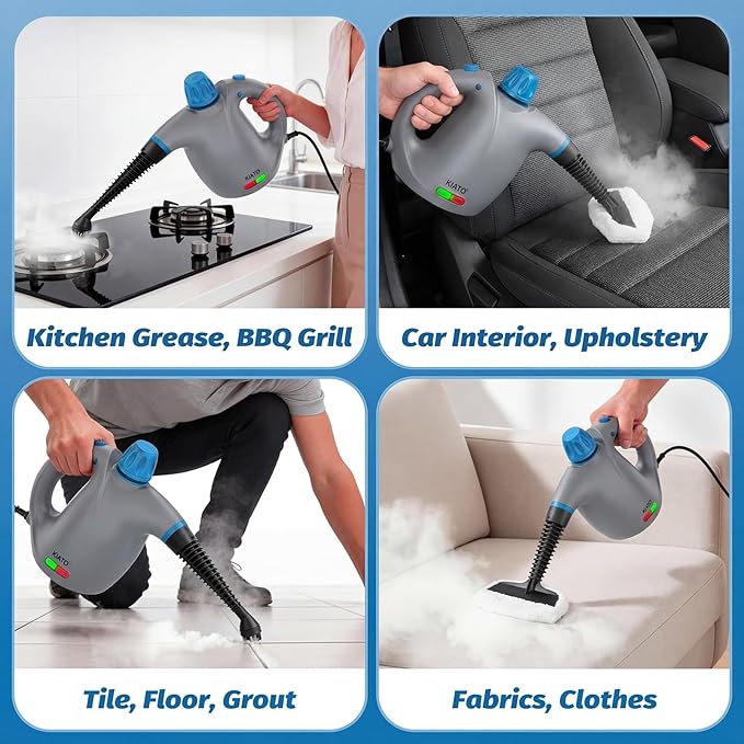 KIATO Handheld Steam Cleaner, Hand Held Steamer for Cleaning Home, Portable Pressurized Steamers for Upholstery Furniture Sofa Couch Floor Tile Grout Bathroom, Grey, SC23