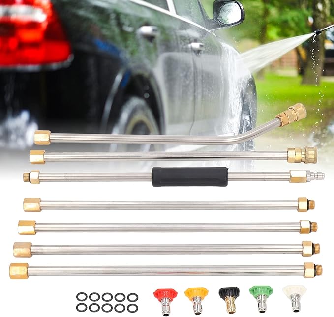 High Pressure Power Washer Extension Wand Set 4000PSI Gutter Cleaning Tool with 5 Nozzle Tips for Car Driveway Roof Deck ABS Metal Rustproof Durable
