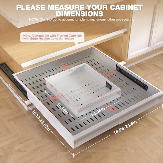 2 Pack Pull Out Cabinet Organizer With Raising Pad for Framed Cabinets,Expandable Width (15"-25") and Depth (17"-24"),3 Slide Rails Slide Out Drawers with Handle,No-Drill Roll Out Shelf,White