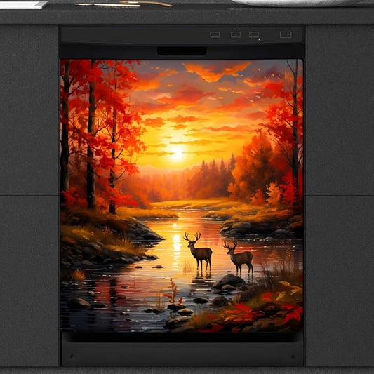 Dishwasher Magnet Cover Forest River Sunset Deer Reusable Dishwasher Magnetic Cover Sticker Decorative Dish Washer Door Cover Panel for Home Kitcen Appliance, 21x26 in