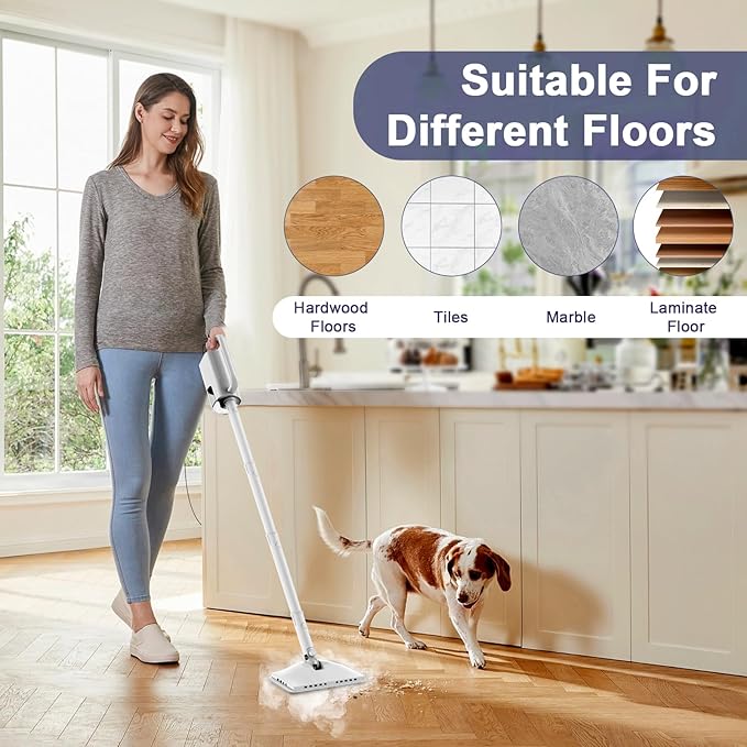 6-in-1 Steam Mop, 1200W Rotated Steam Cleaner for Home, 2 Modes, 400ML Removable Tank, 23FT Power Cord, 2 Pads, Multi-Surface Steamer for Hard Floor, Laminate Floor, Tiles Cleaning (Stone White)