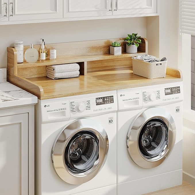 2-Tier Washer Dryer Countertop with 2.75"H Edge Rails, 54" W x 27.55" D Laundry Countertop for Folding Clothes, Washer and Dryer Topper with Non-Slip Pad (Pure Wood Color)