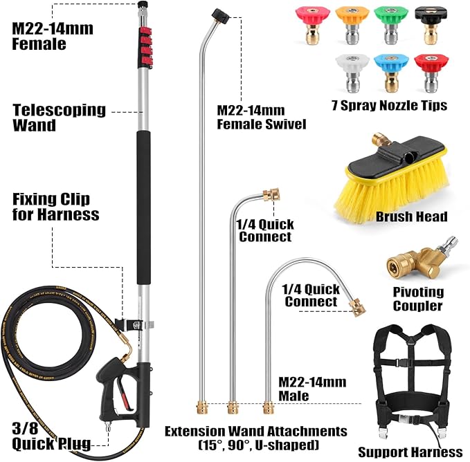 24FT Telescoping Power Washer Extension Wand, Gutter Cleaning Tools with Brush Head, 4 Adapters, 7 Spray Nozzles, Upgraded Support Belt, Pressure Washer Wand Extension for Wall Roof Gutter